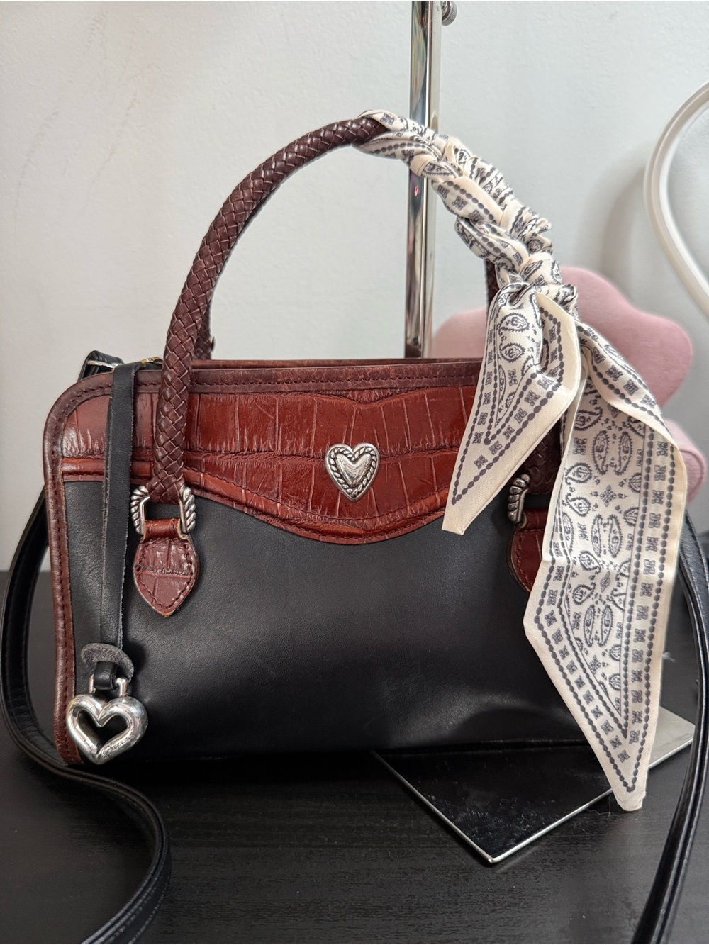 Brighton Vintage Black and Brown Leather Satchel with Heart Accent